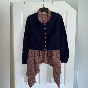 Anthropologie Sleeping On Snow cardigan sweater Sz M asymmetrical hem navy blue